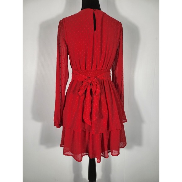 Japna Red Swiss Dot Dress Long Sleeve Ruffle Tiered Mini Dress - Picture 2 of 8
